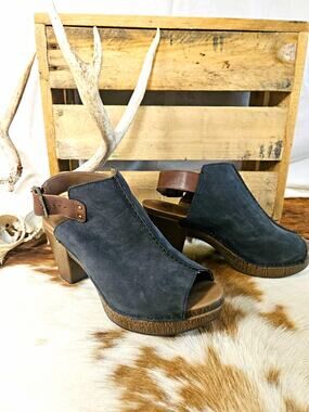 Dansko Reggie Black Nubuck Brown Leather Slingback Peep Toe Clog Sandals Size 39